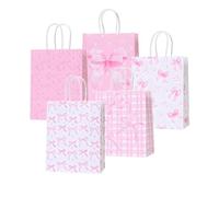 Lot de 5 Ruban Rose Sac Cadeau, 21 x 15 x 8 cm Sac Kraft Avec Poignée, Pochette Cadeau Avec Poignées, Sacs Cadeaux Pour Anniversaire Enfant, Mariage, Baby Shower, Fête