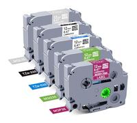 Lot de 5 rubans adhésifs de rechange pour étiqueteuse Brother P Touch TZ 12 mm 0,47 (blanc sur rose, vert citron, noir, bleu, gris clair mat) pour PT-H110 PT-D600 PT-D200, 8 m