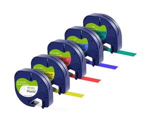 Lot de 5 Rubans Blanc/Bleu/Jaune/Rouge/Vert pour étiqueteuse compatible Dymo LetraTag LT-100H/LT-100T/2000/XM/XR/QX50 - Étiquette plastique Recharge 91201 91202 91203 91204 91205 12mm x 4m Phonillico®