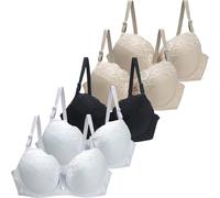 Lot de 5 soutiens-gorge minimiseurs push-up rembourrés en dentelle florale pour femme - Couverture complète - Confortable et doux - Soutien-gorge à armatures, #06, 85B