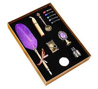 Lot de 5 stylos à plume rétro avec 5 sacs d'encre/bâton de cire/bougie/tampon/cuillère/support de base/bouteille. Excellent cadeau comprenant des sacs/bâton de cire/bougie/tampon/cuillère en cuivre