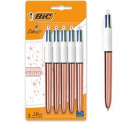 BIC Stylos bille Lot de 5 - 4 couleurs - Pointe moyenne - Corps métal cuivre