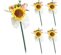 Lot de 5 stylos fleurs au crochet, bouquet de tournesols faits main, stylos à bille avec ruban crème et perle, cadeau pour professeur et remise de diplôme, décoration de bureau, 11 cm de large