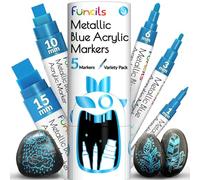 Lot de 5 stylos peinture acrylique bleu métallisé - Pointe extra fine, fine et Jumbo (1 mm, 3 mm, 6 mm, 10 mm, 15 mm) - Marqueurs permanents bleus pour métal, tissu, plastique, toile, bois, peinture