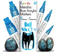 Lot de 5 stylos peinture acrylique bleu métallisé - Pointe extra fine, fine et Jumbo (1 mm, 3 mm, 6 mm, 10 mm, 15 mm) - Marqueurs permanents bleus pour métal, tissu, plastique, toile, bois, peinture