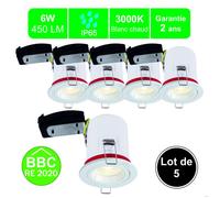 Lot de 5 supports spot BBC salle de bain IP65 + GU10 6W 450lm inclus - garantie 2 ans