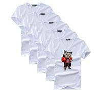 Lot de 5 T-Shirt Homme Col V Manches Courtes Casual Tee Shirt Ete Coupe Droite Imprimé Chat de Boxe - Blanc S