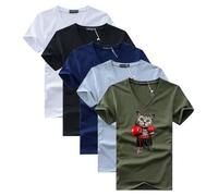 Lot de 5 T-Shirt Homme Col V Manches Courtes Casual Tee Shirt Ete Coupe Droite Imprimé Chat de Boxe - Blanc/noir/bleu/gris/vert S
