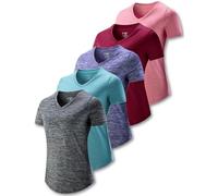 Lot de 5 t-shirts à manches courtes pour femmes, t-shirts d'entraînement athlétiques pour la gym, le yoga, la course à pied, Gris/cerise/cerise/bleu glacier/bleu sonar, XX-Large