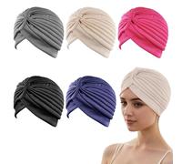 Lot de 5 Turbans Pré-noués pour Femme, Bonnets Chimio Confortables pour Perte de Cheveux, Chapeaux de Nuit et Quotidiens, Tissus Doux Multicolores