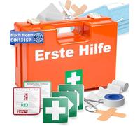 Lot de 5 valises de premiers secours - DIN 13157:2021 et 5 autocollants - Boîte de premiers secours orange - Avec support mural (5)