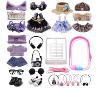 Lot de 5 vêtements conçus pour les vêtements Labubu avec ensemble d'accessoires, comprend 6 mini accessoires, un sac de présentation, un porte-vêtements, des écouteurs, un appareil photo, des lunettes