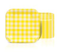 Lot de 50 assiettes en carton à rayures jaunes jetables, carrées, 17,8 cm, pour dîner, dessert, fête, anniversaire, mariage, mariée, fête prénatale