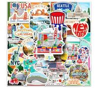 Lot de 50 autocollants de voyage américains en vinyle imperméable avec monuments américains, villes, drapeaux et icônes pour ordinateur portable, bouteille d'eau, valise, skateboard, scrapbooking