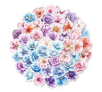 Lot de 50 autocollants en vinyle imperméables pour journal, ordinateur portable, valise, motif floral rose, violet, aquarelle, pour filles, adolescentes