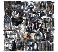Lot de 50 autocollants magiques noirs en vinyle PET imperméable stickers sorcellerie et occultes pour ordinateur portable, valise, journal, vélo ou scrapbooking motifs vintage mystiques