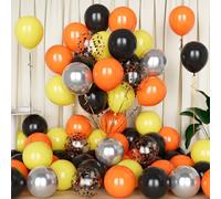Lot de 50 ballons avec confettis argentés métallisés pour enfants et garçons - 30,5 cm - Décorations de fête d'anniversaire et d'Halloween - Noir/orange/jaune