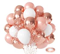 Lot de 50 ballons en latex avec ficelle de 10 m pour fête prénuptiale, fête d'anniversaire, mariage, 30,5 cm, or rose métallisé, or rose et blanc