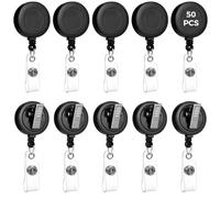 Lot de 50 bobines de badge rétractables avec clip pivotant à 360° - Cordon réglable de 50 cm avec pince crocodile pour carte d'identité - Noir