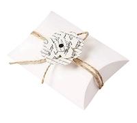 Lot de 50 boîtes à dragées en forme de coussin blanches avec fleur en papier kraft et cordon de chanvre
