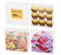 Lot de 50 boîtes à friandises transparentes en plastique transparent, 10,2 x 10,2 x 3,2 cm, carrées, boîtes de rangement pour chocolat, accessoires