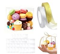 Lot de 50 boîtes cadeaux transparentes - 5 × 5 × 5 cm - En plastique transparent - Petit désert - Emballage avec 2 rouleaux de ruban doré et argenté - Pour invités, mariages, fêtes