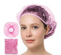 Lot de 50 bonnets de douche jetables, imperméables, multi-usages en plastique épais élastique pour femme, usage domestique, salon de coiffure, spa, voyage, hôtel, douche - Rose