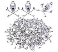 Lot de 50 breloques en forme de tête de mort en alliage tibétain sur le thème d'Halloween - Accessoires pour fabrication de bijoux pour collier, bracelet, boucles d'oreilles, loisirs créatifs, argent