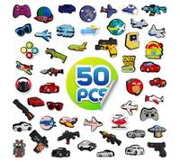 Lot de 50 breloques mignonnes pour chaussures (voitures, avions et jeux vidéo) faciles à installer pour des looks personnalisés - Bijoux de chaussures imperméables pour modèles avec trous (sabots