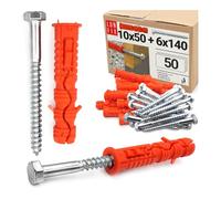 Lot de 50 chevilles 10 x 50 mm avec vis à tête hexagonale 6 x 140 mm, en nylon et acier galvanisé blanc, avec vis pour béton, maçonnerie, pergola, montage de façade