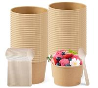 Lot de 50 coupes à glace, en carton, écologiques, universelles, 240 ml, avec 50 cuillères, en carton, compostables, marron, pour glace, dessert, amuse-bouches