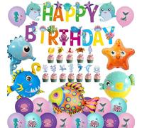 Lot de 50 décorations d'anniversaire pour enfants - Monde sous-marin - Chanson d'anniversaire, bannière Happy Birthday, décoration d'animaux marins, ballons d'animaux marins, monde sous-marin, fête