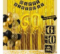 Lot de 50 décorations de fête d'anniversaire pour homme et femme, décorations de fête noires et dorées avec boîtes à ballons de 60 ans, bannière « Happy Birthday » et écharpe, rideaux à franges