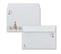 Lot de 50 enveloppes blanches DIN C6 avec motif sapin de Noël et étoiles - Fermeture adhésive avec bande déchirable - 114 x 162 mm - 80 g/m² - Enveloppes de Noël avec motif pour entreprises et privées