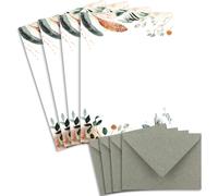 Lot De 50 Feuilles De Papier À Lettres Naturel A4 Crème Avec Motif Pot-Pourri Plumes Et Branches Et Enveloppes C6 En Papier Kraft Gris/Vert Papier Imprimable Pour Invitations De Mariage
