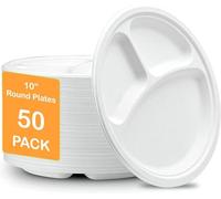 Lot de 50 grandes assiettes jetables solides 3 compartiments biodégradables respectueuses de l'environnement pour fête, déjeuner, dîner