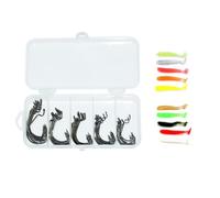 Lot de 50 hameçons de pêche, 10 leurres de pêche souples, CuiCanfla avec ardillon - Avec boîte en plastique - Accessoires de pêche pour eau salée et eau douce