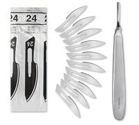 Lot de 50 lames de scalpel figure 24 en acier au carbone - Lames de rechange emballées individuellement stériles + 1 support Shehadeh - Avec poignée bombée de 13,5 cm de long - Acier inoxydable