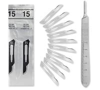 Lot de 50 lames de scalpel stériles Figure 15 en acier au carbone - Lames de rechange + 1 support Shehadeh - Avec manche de 13 cm de long avec échelle de mesure en cm - Acier inoxydable