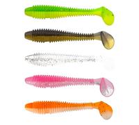 Lot de 50 leurres Souples à Gueule retroussée, Queue en T filetée, hameçon à tête plombée, Faux appâts for Bar Asiatique et Poisson Mandarin(6.5cm)