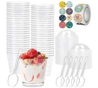 Lot de 50 mini gobelets à dessert de 210 ml avec couvercle, cuillère et autocollants, transparents, réutilisables pour mariage, fêtes d'anniversaire, gâteaux au fromage