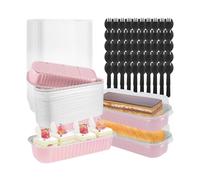 Lot de 50 mini moules à gâteaux avec couvercles et fourchettes, 200 ml, pâtisserie rectangulaires en aluminium, pain, portables Caissette Muffins Papier(Pink)