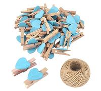 Lot de 50 mini pinces à linge en bois bleu clair en forme de cœur, petites pinces à linge multicolores avec cœur, clips photo cœur 3cm, petites pinces à linge avec ficelle pour affichage de photos