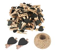Lot de 50 mini pinces à linge en bois noires en forme de cœur, petites pinces à linge multicolores avec cœur, clips photo cœur 3cm, petites pinces à linge avec ficelle pour affichage de photos