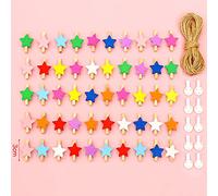 Lot de 50 mini pinces à linge en bois,pinces à linge en bois + 10 m de ficelle de jute,pinces décoratives,pinces décoratives,patchwork,pinces décoratives pour toiles photo,vêtements,étoiles colorées.