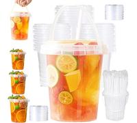 Lot de 50 mini seaux à boisson en plastique avec couvercles et pailles, pour emballage de boissons en extérieur, fête au bord de la piscine, 710 ml