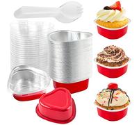 Lot de 50 moules à gâteau en forme de cœur avec couvercles en aluminium Mini moules à cupcakes jetables en forme de cœur et 50 cuillères à gâteau pour anniversaire, mariage, SaintValentin, fête