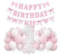 Lot de 50 nœuds roses décoratifs pour 1er anniversaire, ballons roses et blancs, décoration d'anniversaire 1 an, guirlande Happy Birthday, bannière, nœud en latex, ballons pour anniversaire de 1 an