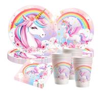 Lot de 50 pièces de vaisselle de fête licorne 3D avec assiettes en carton, tasses et serviettes pour anniversaire d'enfant magique licorne décoration de fête