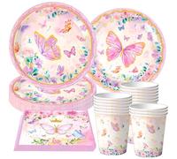 Lot de 50 pièces de vaisselle de fête papillon - Décoration d'anniversaire - Assiettes en carton - Gobelets - Serviettes de fête - Décoration pour 10 invités - Décoration d'anniversaire d'enfant